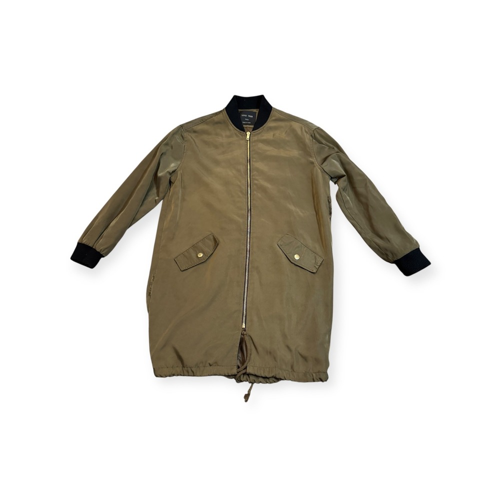 Love Tree Womens Small Olive Green Bomber Jacket Drawstring Long Coat